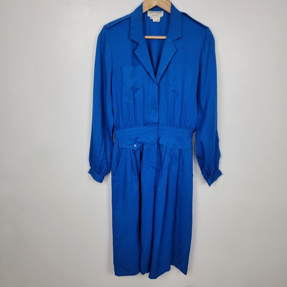 VTG‎ Pierre Cardin Dress 100% Silk Womens 10 Blue maxi Midi Long Sleeve READ!